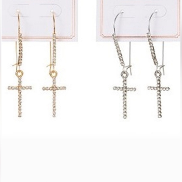 Gold Crystal Cross Drop Earrings, Goldtone 42x18mm NEW - Picture 5 of 7